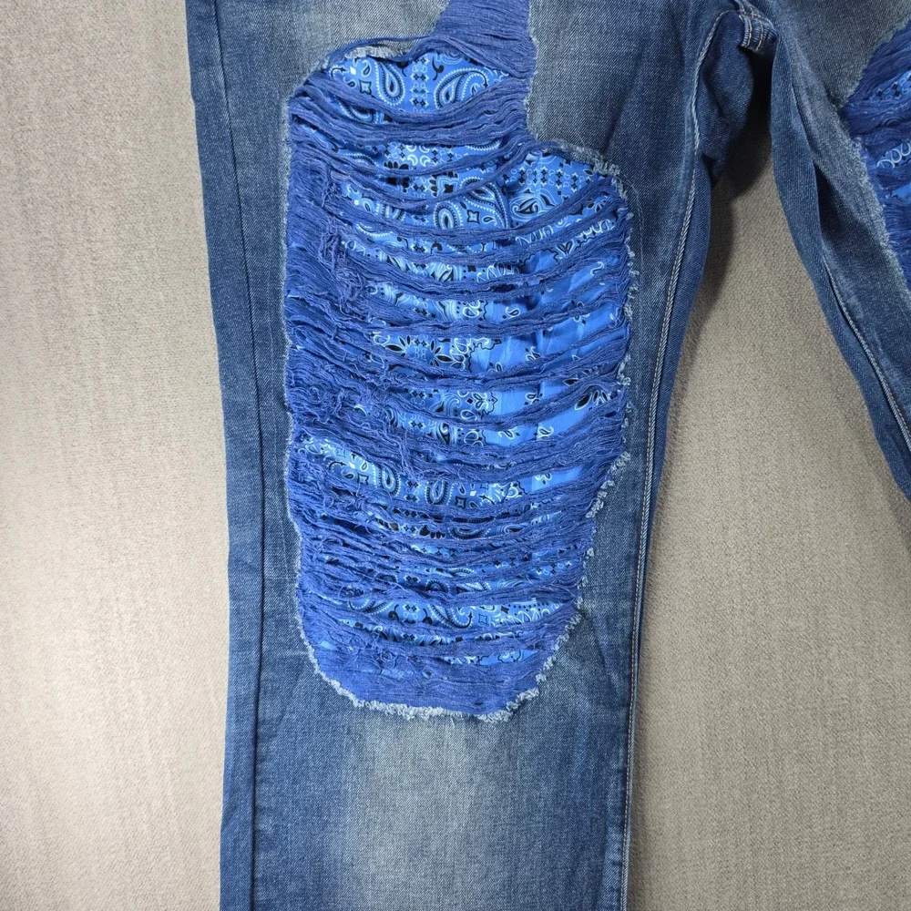 Rutherford Distressed Jeans Men 38 Blue Paisley Bandana Patch Streetwear Denim